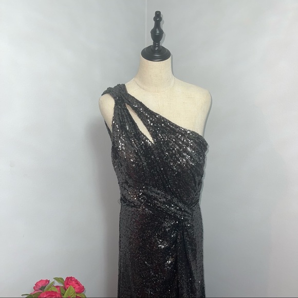 # Rene Ruiz Collection Gunmetal Color One Shoulder Sequined Gown With High Slit - Picture 3 of 16
